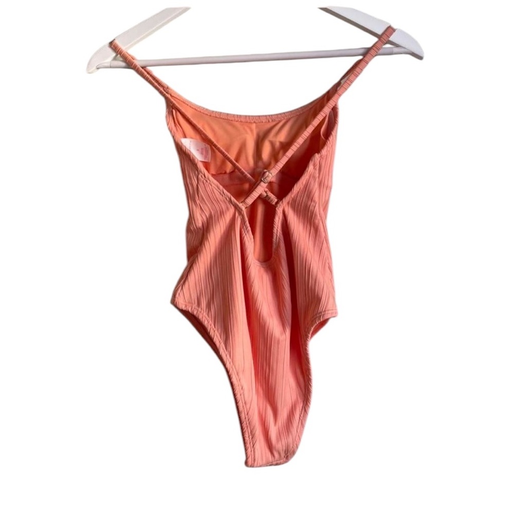 NWOT Xhilaration Tangerine Orange Peach Ribbed Backless One-Piece Swimsuit - Picture 3 of 16
